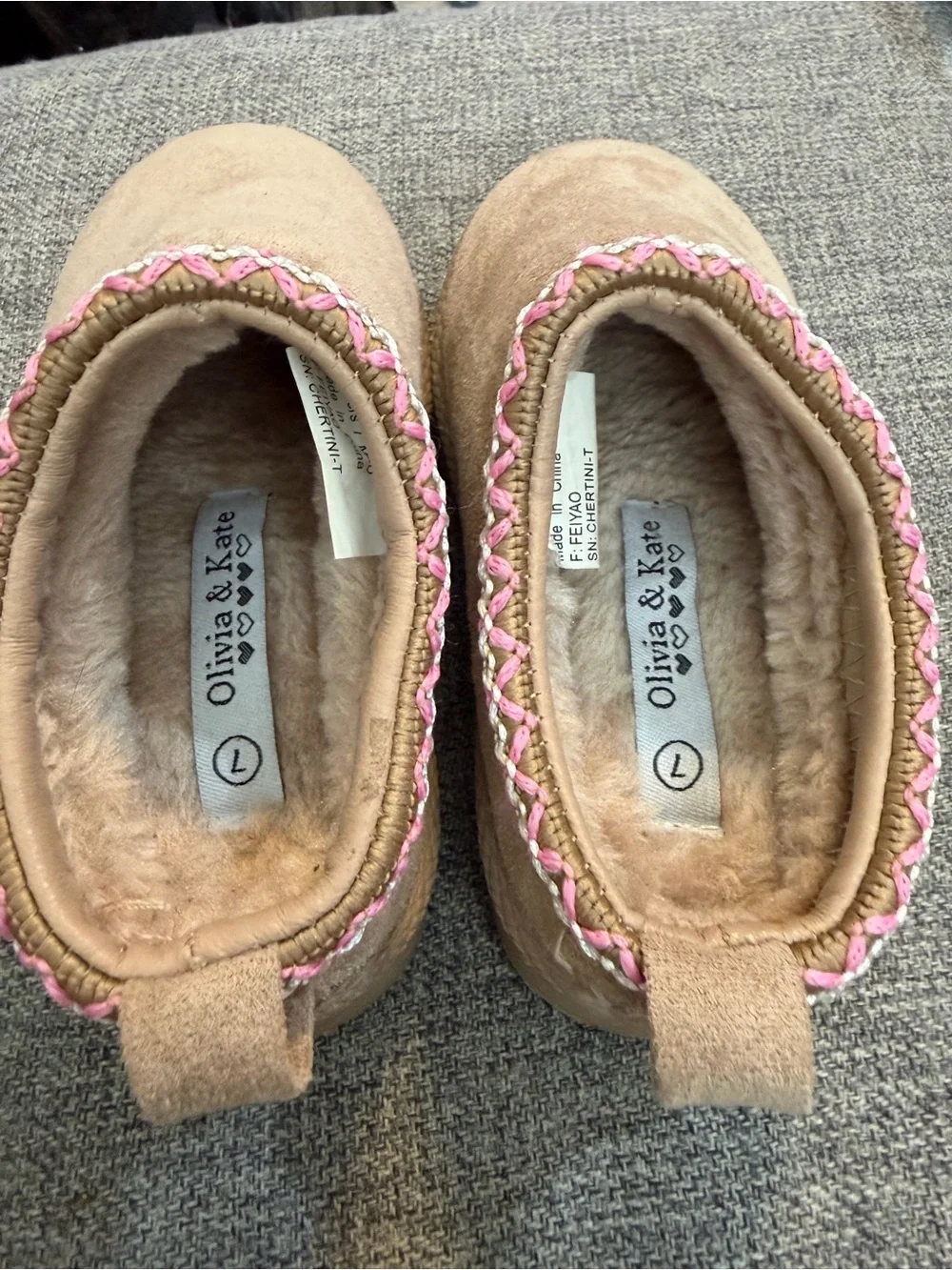 Olivia & Kate Tan Mule platform Slip-On fur lined with Pink Braided Trim size 7